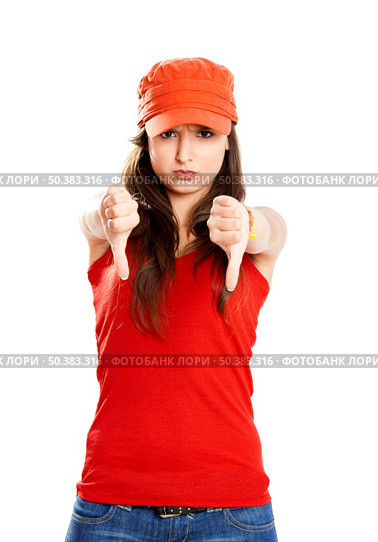 Beautiful young girl with thumbs down, isolated on white. Стоковое фото, агентство Ingram Publishing / Фотобанк Лори