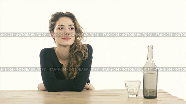 Beautiful young woman with distant expression sitting at a table with a wine bottle and empty glass on white background concept of loneliness hidden struggles and alcohol dependence. Красивая молодая женщина с отстраненным выражением лица сидит за столом с бутылкой вина и пустой бокал на белом фоне концепция одиночества скрытые борьбы и алкогольной зависимости. Стоковое AI-изображение, AI-художник Katsiaryna Repich / Фотобанк Лори