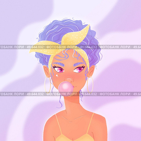 Beautiful young woman with purple curly hair, blowing a bubble gum, headscarf and yellow summer dress. Confident girl on purple background. Colorful illustration. . Стоковое фото, агентство Ingram Publishing / Фотобанк Лори