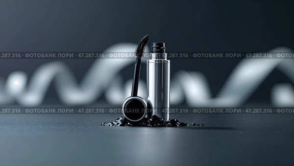 Beauty product display featuring mascara and applicator against a dark background with creative elements. Стоковое AI-изображение, AI-художник Сергей Толмачёв / Фотобанк Лори