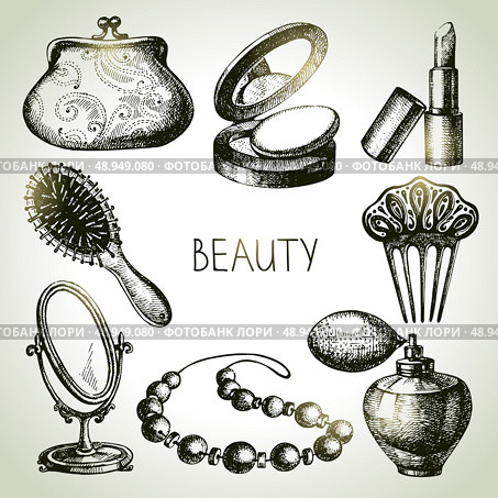 Beauty sketch icon set. Vintage hand drawn vector illustrations of cosmetics . Стоковая иллюстрация, агентство Ingram Publishing / Фотобанк Лори