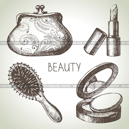 Beauty sketch icon set. Vintage hand drawn vector illustrations of cosmetics . Стоковая иллюстрация, агентство Ingram Publishing / Фотобанк Лори