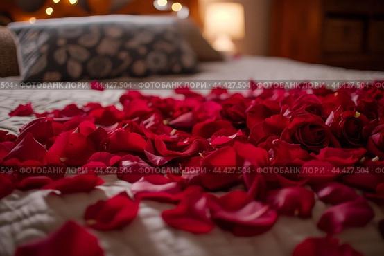 Bed covered with rose petals. Generate ai. Стоковое AI-изображение, AI-художник Иван Рябоконь / Фотобанк Лори