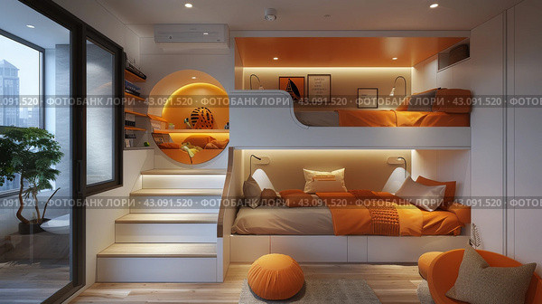 Bedroom With Loft Bed and Stairs. Стоковое AI-изображение, AI-художник Юлия Гапеенко / Фотобанк Лори
