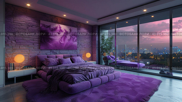 Bedroom With Purple Bed and Large Window. Стоковое AI-изображение, AI-художник Юлия Гапеенко / Фотобанк Лори