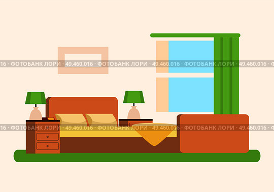 Bedroom with soft spacious bed between bedside tables on carpet near large window. Room that has green curtain and lamps cartoon vector illustration.. Bedroom with Soft Spacious Bed near Large Window. Стоковая иллюстрация, агентство Ingram Publishing / Фотобанк Лори