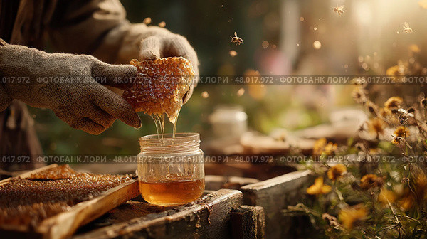Beekeeper in linen gloves extracting honeycomb from hive in garden. Пасечник в льняных перчатках извлекает соты из улья в саду. Стоковое AI-изображение, AI-художник Katsiaryna Repich / Фотобанк Лори