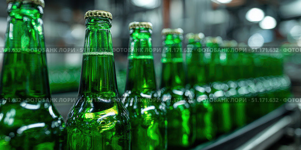Beer Bottling plant. Green Beer Bottles in rows. Bottling process in modern factory. Capped Glass Beer Bottles ready for distribution in a brewery. Manufacturing. Production of beer in a glass bottle. Стоковое AI-изображение, AI-художник Марина Демидюк / Фотобанк Лори