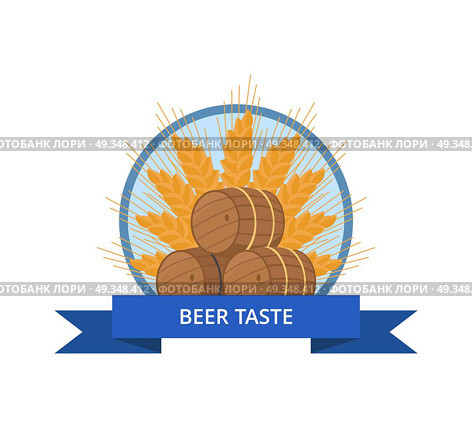 Beer Taste Logo Design with Wooden Barrels Vector. Beer taste logo design with wooden barrels vector in circle with blue ribbon. Three casks or tuns hollow cylindrical container, made of wood. Стоковая иллюстрация, агентство Ingram Publishing / Фотобанк Лори