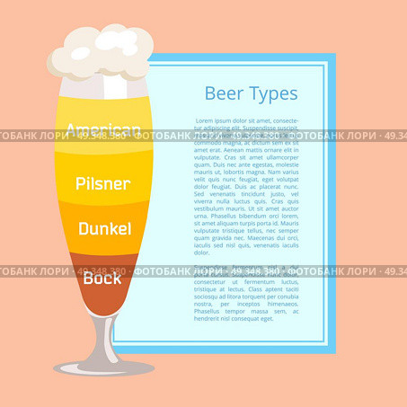 Beer Types Poster Depicting Footed Pilsner Glass. Beer types poster with pink background. Vector illustration of frothy footed pilsner glass containing layers of various lager and ale styles. Стоковая иллюстрация, агентство Ingram Publishing / Фотобанк Лори