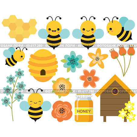 Bees ?lipart. Cute bees, honey, beehive, bumblebees. Vector illustration. Стоковая иллюстрация, агентство Ingram Publishing / Фотобанк Лори