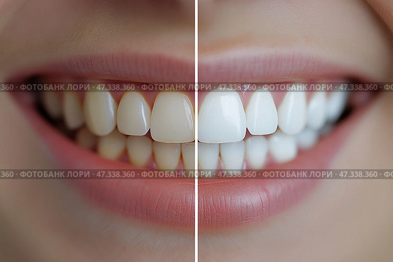 Before and after smile transformation showcasing teeth whitening results. Преображение улыбки до и после, демонстрирующее результаты. отбеливание зубов. Стоковое AI-изображение, AI-художник Katsiaryna Repich / Фотобанк Лори