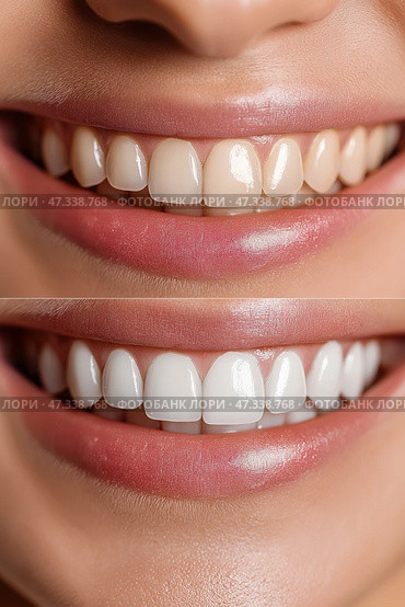 Before and after smile transformation showcasing teeth whitening results. Преображение улыбки до и после, демонстрирующее результаты. отбеливание зубов. Стоковое AI-изображение, AI-художник Katsiaryna Repich / Фотобанк Лори