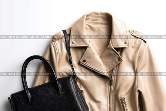 Beige leather jacket with zippers and pockets and black leather stylish bag. Modern outerwear. Close-up. Fashion background. Autumn urban street clothes. Fashionable concept. Women's casual day outfit. Стоковое AI-изображение, AI-художник Марина Демидюк / Фотобанк Лори