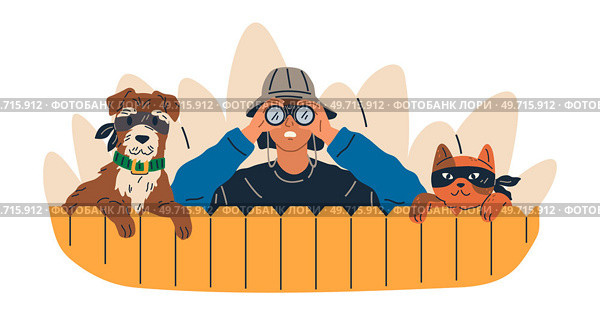 Being watched concept with curious man and his faithful friends cat and dog spying look through spy glass hiding behind wooden fence outside observing sneaking. Suspicious male peek, look out, search. Being watched concept with curious man and faithful pet cat and dog spying look through spy glass. Стоковая иллюстрация, агентство Ingram Publishing / Фотобанк Лори