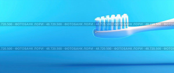 Белая зубная щетка на ярком голубом фоне. Стоковое AI-изображение, AI-художник Александр Жуков / Фотобанк Лори