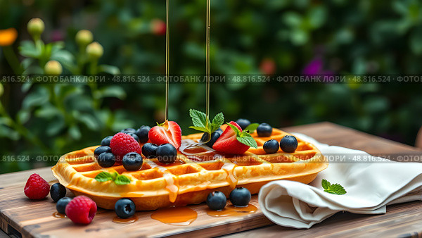 Belgian waffles with golden honey and fresh blueberries, raspberries and mint leaves on a rustic wooden table with a beautiful napkin. Delicious dessert. Copy space. Стоковое AI-изображение, AI-художник Iva Noel / Фотобанк Лори
