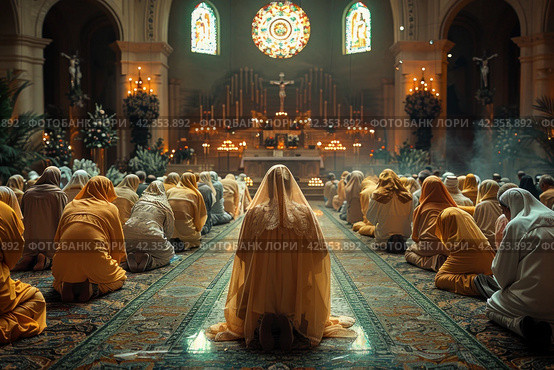 Believers pray: bowing before communion in the mirror of light and prayers. Стоковое AI-изображение, AI-художник Юрий Поздников / Фотобанк Лори
