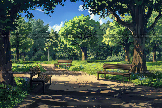Benches inviting visitors to relax in lush green park. Стоковое AI-изображение, AI-художник Иван Рябоконь / Фотобанк Лори