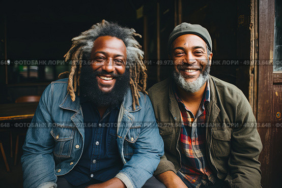 Benevolent Brotherhood: Two Dapper Gentlemen Share Warm Laughter on a Sunlit Bench. Стоковое AI-изображение, AI-художник Данила Большаков / Фотобанк Лори