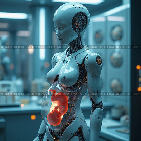 Беременность робота-гуманоида. Стоковое AI-изображение, AI-художник Инна Пецко / Фотобанк Лори