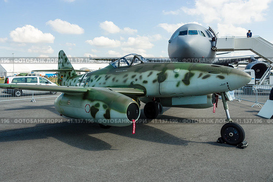 BERLIN, GERMANY - JUNE 02, 2016: Fighter aircraft Messerschmitt Me 262 B-1a "Schwalbe". Modern replica by Airbus Group. Exhibition ILA Berlin Air Show 2016. Редакционное фото, фотограф Sergey Kohl / Фотобанк Лори