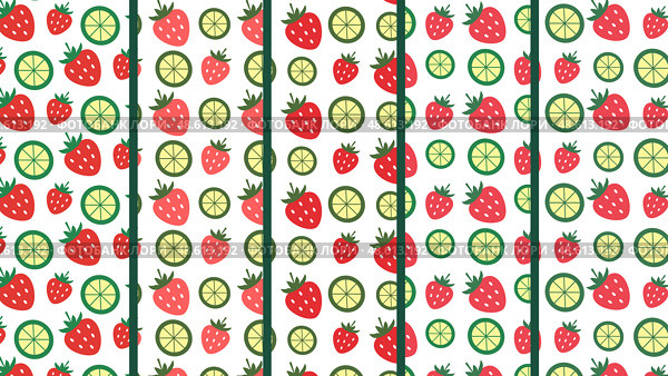 Бесшовные векторные узоры с клубникой и лаймом. Плоский дизайн. Seamless vector patterns with strawberries and lime. Flat design. Стоковая иллюстрация, иллюстратор Ирина Щербакова / Фотобанк Лори