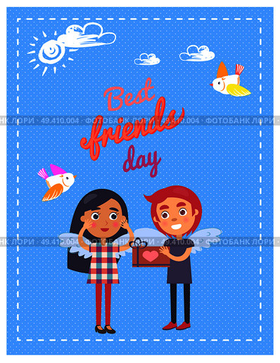Best friends day template graphic vector colorful poster of young boy giving present box girl. Celebrating couple with wings on backs. Friends Day Card with Boy Giving Present Girl. Стоковая иллюстрация, агентство Ingram Publishing / Фотобанк Лори