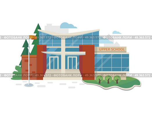 Best School Building Vector in Flat Style Design. Best school building vector illustration. Flat design. Public educational institution. Modern projects of educational establishments. School facade and yard. Front view. College organization. Стоковая иллюстрация, агентство Ingram Publishing / Фотобанк Лори