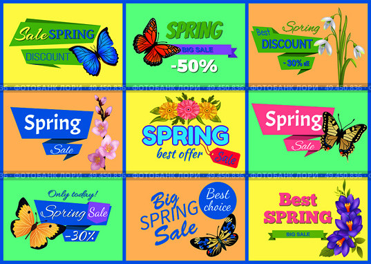 Best spring big sale banners with headlines in ribbons, butterflies types, spring sale and discount vector illustration isolated on green background. Best Spring Big Sale Banners Vector Illustration. Стоковая иллюстрация, агентство Ingram Publishing / Фотобанк Лори