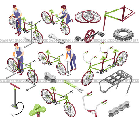 Bicycle repair service spare parts accessories isometric set with repairman cogs chain handlebar saddle isolated vector illustration. Стоковая иллюстрация, агентство Ingram Publishing / Фотобанк Лори