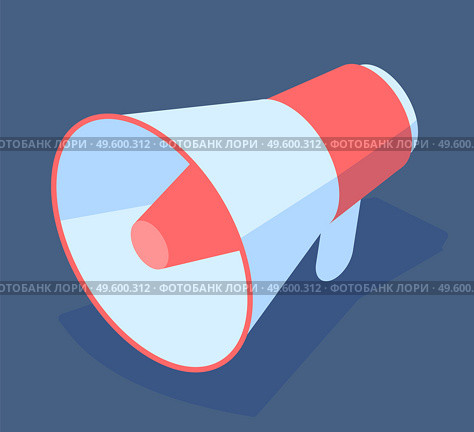 Big cartoon conceptual colorful megaphone. Call, lure, manifest. Involve, engage customers. Loudspeaker for promotional. Customer journey concept. Flat isometric vector image isolated on blue. Big cartoon conceptual megaphone, isometric image. Customer journey concept. Flat vector image. Стоковая иллюстрация, агентство Ingram Publishing / Фотобанк Лори