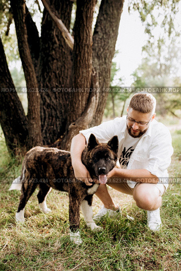 Big dog for a walk with a guy and a girl on the green prairie. Стоковое фото, агентство Ingram Publishing / Фотобанк Лори