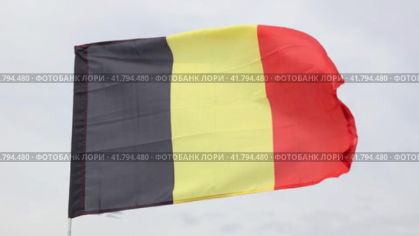 Big flag of Belgium fastened on stick against background of blue sky under daylight. Стоковое видео, видеограф Яков Филимонов / Фотобанк Лори