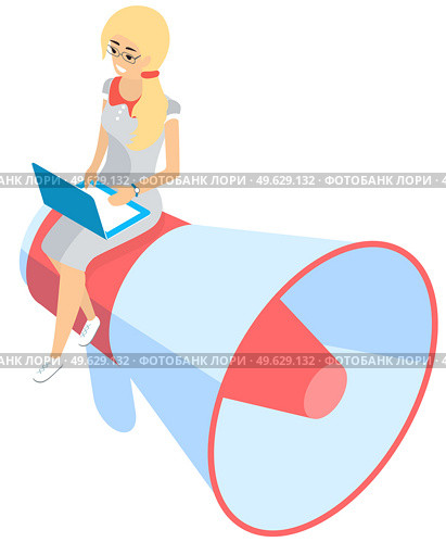 Big megaphone with a small woman watching news. Professional marketer makes advertising to attract attention. Business promotion, online alerting, loudspeaker speaks for communication with clients. Big megaphone with a small woman watching news. Business promotion, advertising to attract attention. Стоковая иллюстрация, агентство Ingram Publishing / Фотобанк Лори