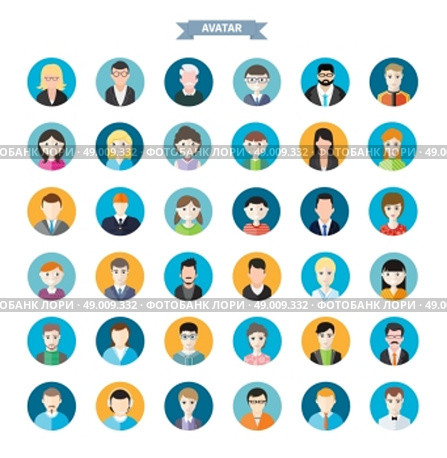 Big set of stylish avatar of male and woman icons in flat design. Woman lovelace MC rapper housewife teenager brutal man emo businessman programmer. Стоковая иллюстрация, агентство Ingram Publishing / Фотобанк Лори