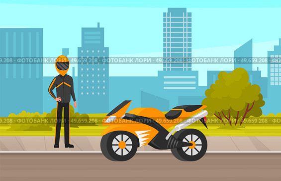 Biker rides motorcycle along city road. Motorcyclist riding vehicle. Male character drives motorbike isolated on white background. Man in racer overalls and helmet sitting on sports bike side view. Biker rides motorcycle along city road. Man in racer overalls and helmet motorcyclist riding vehicle. Стоковая иллюстрация, агентство Ingram Publishing / Фотобанк Лори