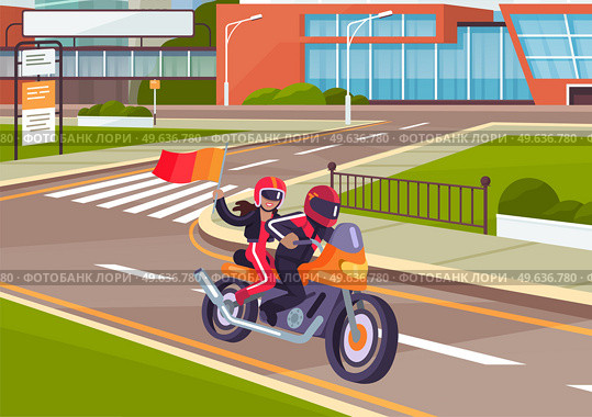 Bikers ride motorcycle along city road. Motorcyclist people riding vehicle. Landscape of urban city with man woman characters drive motorbike on asphalt road. Modern cityscape of town roadway. Bikers ride motorcycle along city road. Motorcyclist people drive motorbike in modern town. Стоковая иллюстрация, агентство Ingram Publishing / Фотобанк Лори