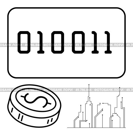 Binary code sequence, dollar coin, simplified city skyline. Ideal for finance, technology, digital currency, blockchain, data economy computing urban development. Line metaphor. Binary code, coin with dollar symbol, and city skyline representing digital technology and economy. Стоковая иллюстрация, агентство Ingram Publishing / Фотобанк Лори