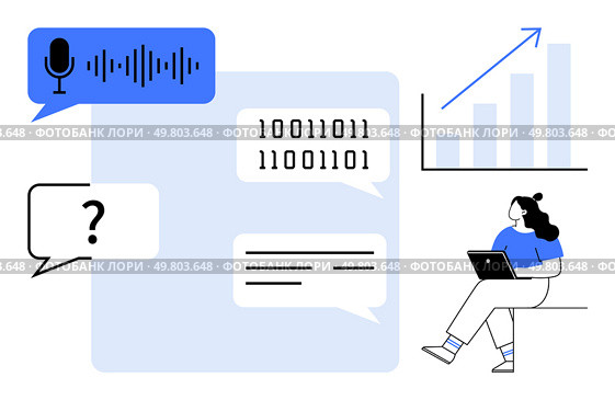 Binary code, speech bubbles, microphone icon, chat box, bar chart with upward arrow, seated woman with laptop. Ideal for technology, education, business, communication, software development, data. Digital communication tools symbolized with charts, code, and user analyzing data on a laptop. Стоковая иллюстрация, агентство Ingram Publishing / Фотобанк Лори