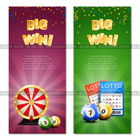 Bingo Lottery Vertical Banners. Lottery vertical banners set with decorative images of confetti realistic gaming accessories lottery tickets and editable text vector illustration. Стоковая иллюстрация, агентство Ingram Publishing / Фотобанк Лори