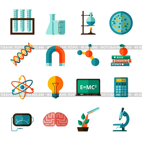 Bio chemistry experimental science laboratory research flat icons collection with microscope and retort abstract isolated vector illustration. Science icons flat icons set. Стоковая иллюстрация, агентство Ingram Publishing / Фотобанк Лори