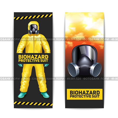 Biohazard vertical banners set with worker in protective suit and goggles isolated vector illustration. Biohazard Banners Set. Стоковая иллюстрация, агентство Ingram Publishing / Фотобанк Лори