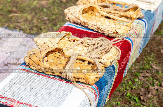 Birchen woven bast shoes traditional Russian footwear. Стоковое фото, фотограф FotograFF / Фотобанк Лори
