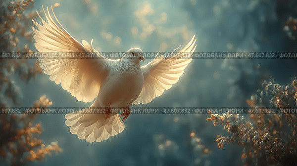 Bird gracefully flying with spread wings in a serene natural setting. Птица грациозно летит с расправленными крыльями в безмятежном природном окружении. Стоковое AI-изображение, AI-художник Katsiaryna Repich / Фотобанк Лори