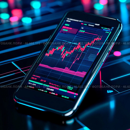 Биржевая торговля и инвестирование в акции и крипту через смартфон. График в виде японских свечей на экране. Современные цифровые технологии. Стоковое AI-изображение, AI-художник Sergei Gorin / Фотобанк Лори