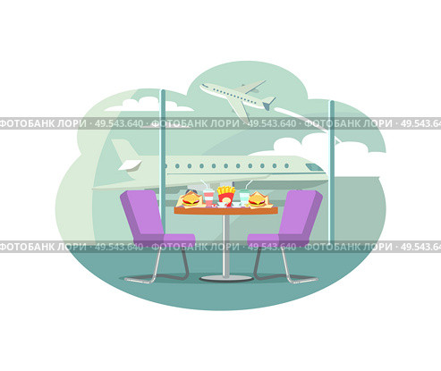 Bistro cafe at airport vector, table with served food. Plane flights nutrition at waiting room, burger soda in plastic cup with straw. Fastfood restaurant. Bistro Cafe at Airport, Table with Served Food. Стоковая иллюстрация, агентство Ingram Publishing / Фотобанк Лори