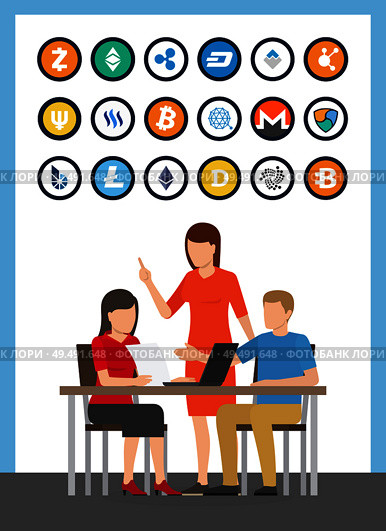 Bitcoin cryptocurrencies set and people discussing solution on seminar vector. Meeting and conference of people using laptop. Monero and dash ripple. Bitcoin Cryptocurrencies People on Seminar Vector. Стоковая иллюстрация, агентство Ingram Publishing / Фотобанк Лори