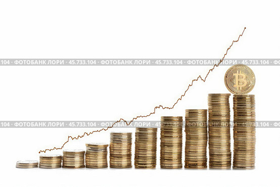 Bitcoin cryptocurrency value increasing depicted with graph and stacks of coins. Стоковое AI-изображение, AI-художник Иван Рябоконь / Фотобанк Лори
