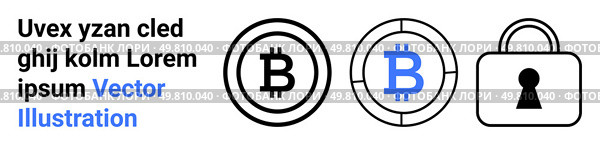 Bitcoin symbols inside outlined and blue circles next to a lock icon, accompanied by random Latin text. Ideal for blockchain, cryptocurrencies, internet security, fintech, digital wallets. Bitcoin Symbol in Circles and Security Padlock with Random Latin Text in Blue and Black Colors. Стоковая иллюстрация, агентство Ingram Publishing / Фотобанк Лори